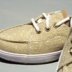 Ked's ladies' lace-up boat shoes in beige with gold sparkle threads in size 8.5